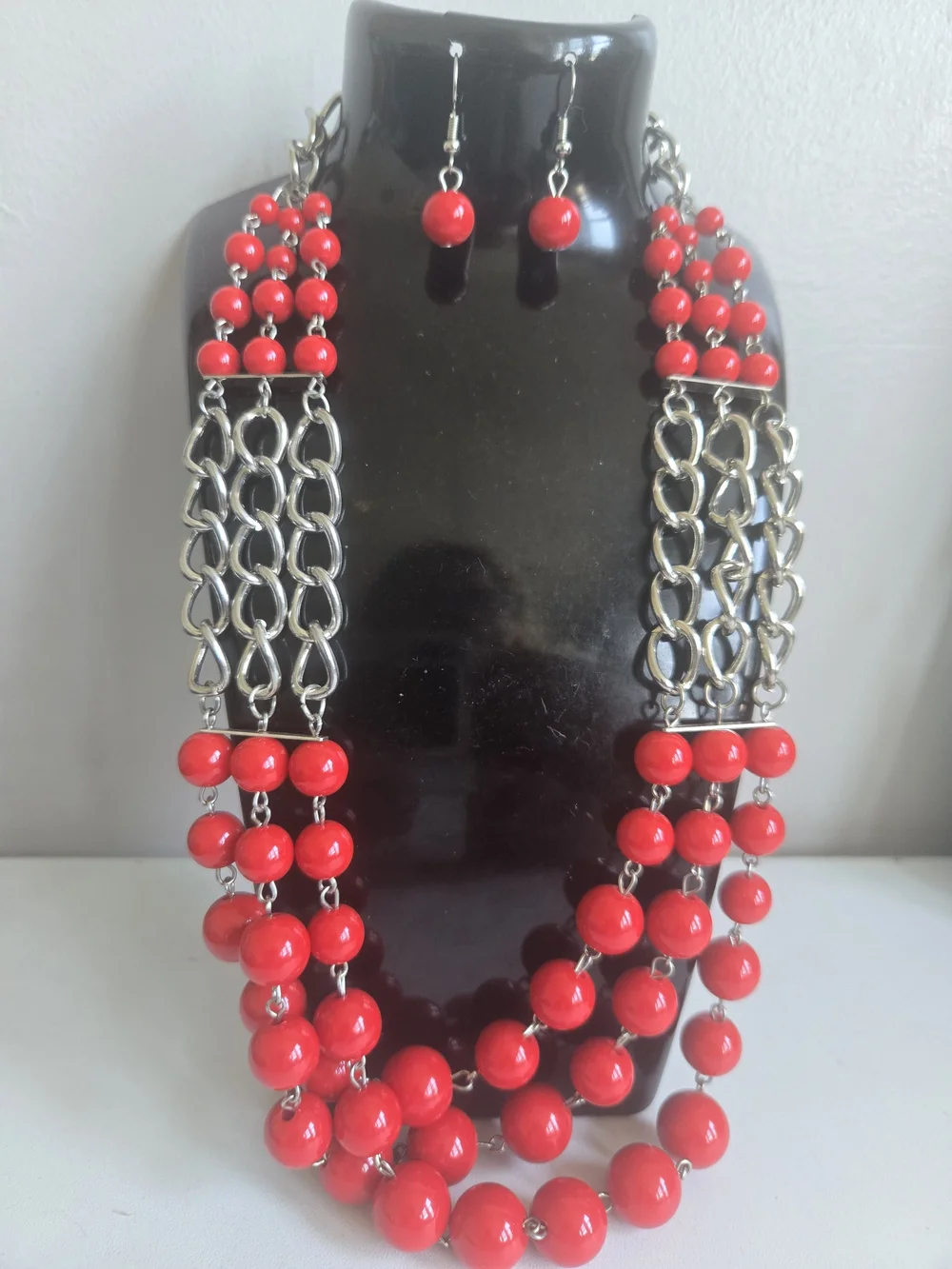 Red Multi-Strand Beaded Necklace & Earring Set